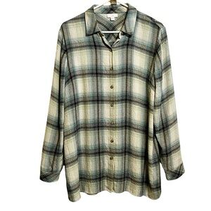 J Jill Shirt Green Cream Plaid Button Up Cabincore Campcore Women’s Medium